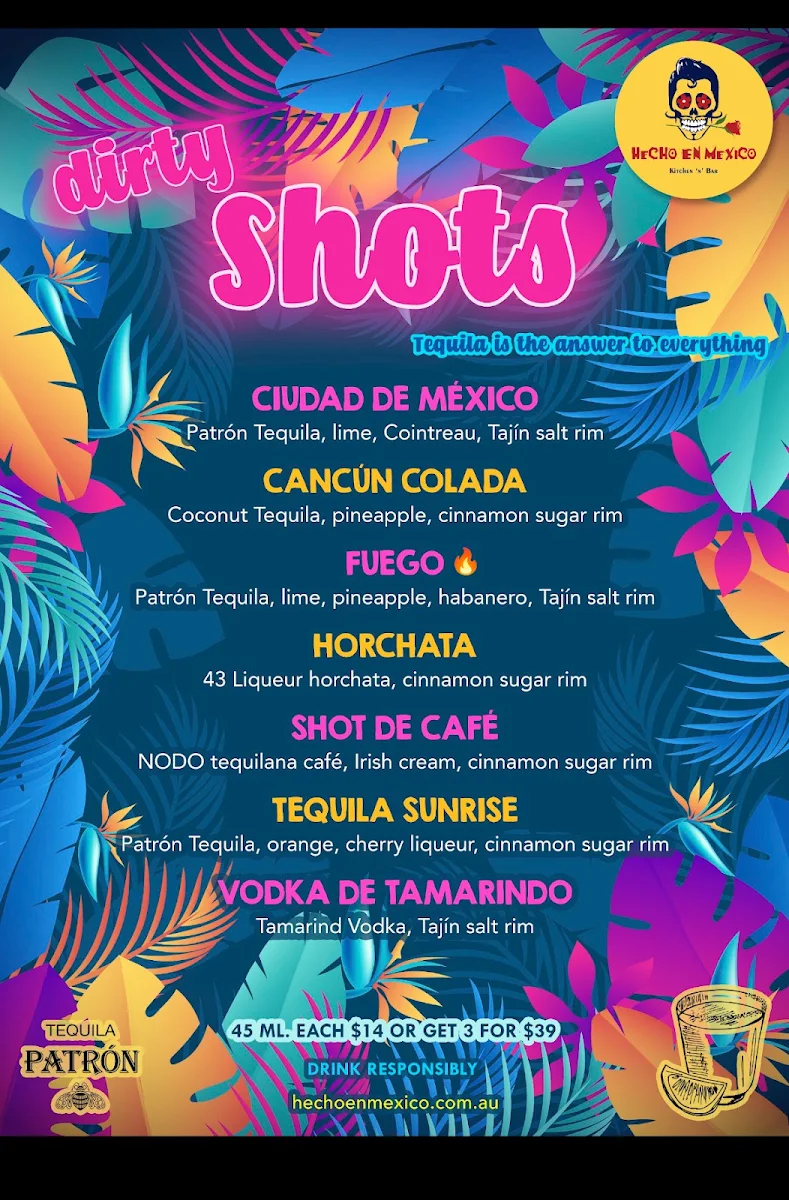 Menu, Hecho en Mexico Richmond (Rooftop Bar)