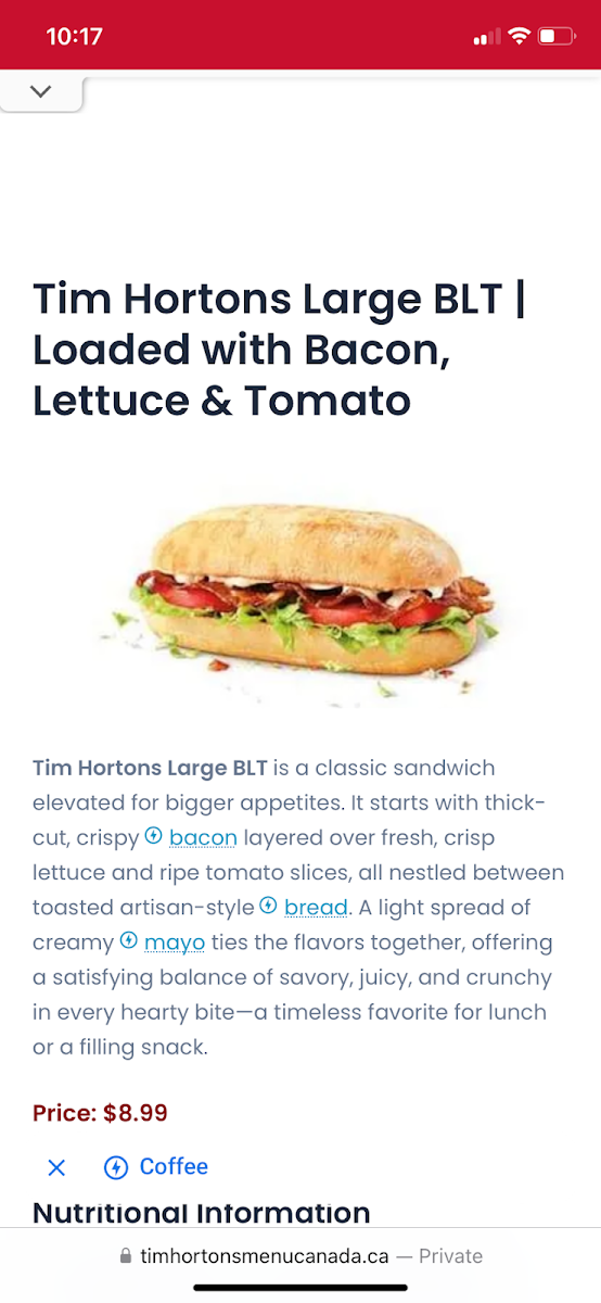 Menu, Tim Hortons