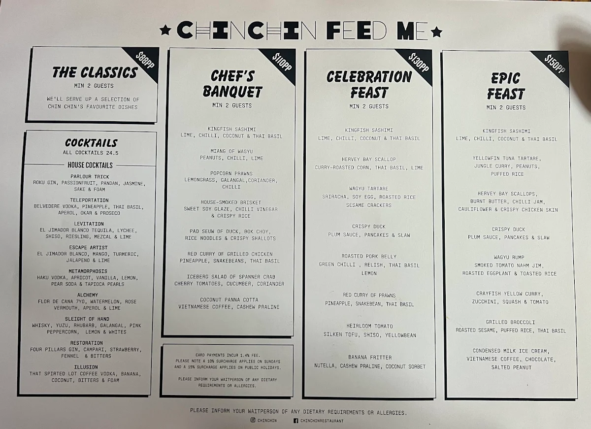 Menu, Chin Chin