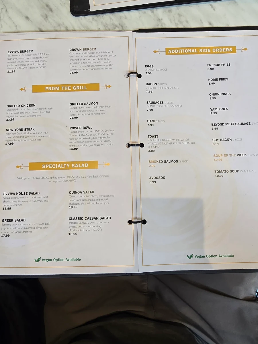 Menu, Evviva Breakfast and Lunch