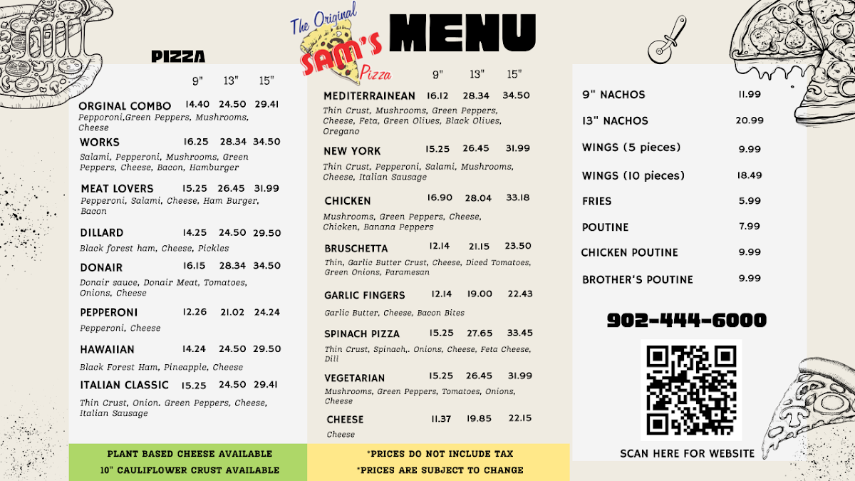 Menu, Sam’s Pizza