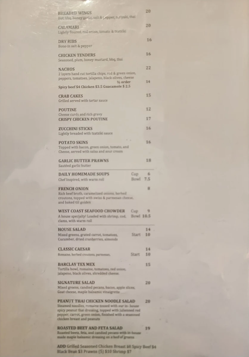 Menu, Pastimes Sports Bar and Grill