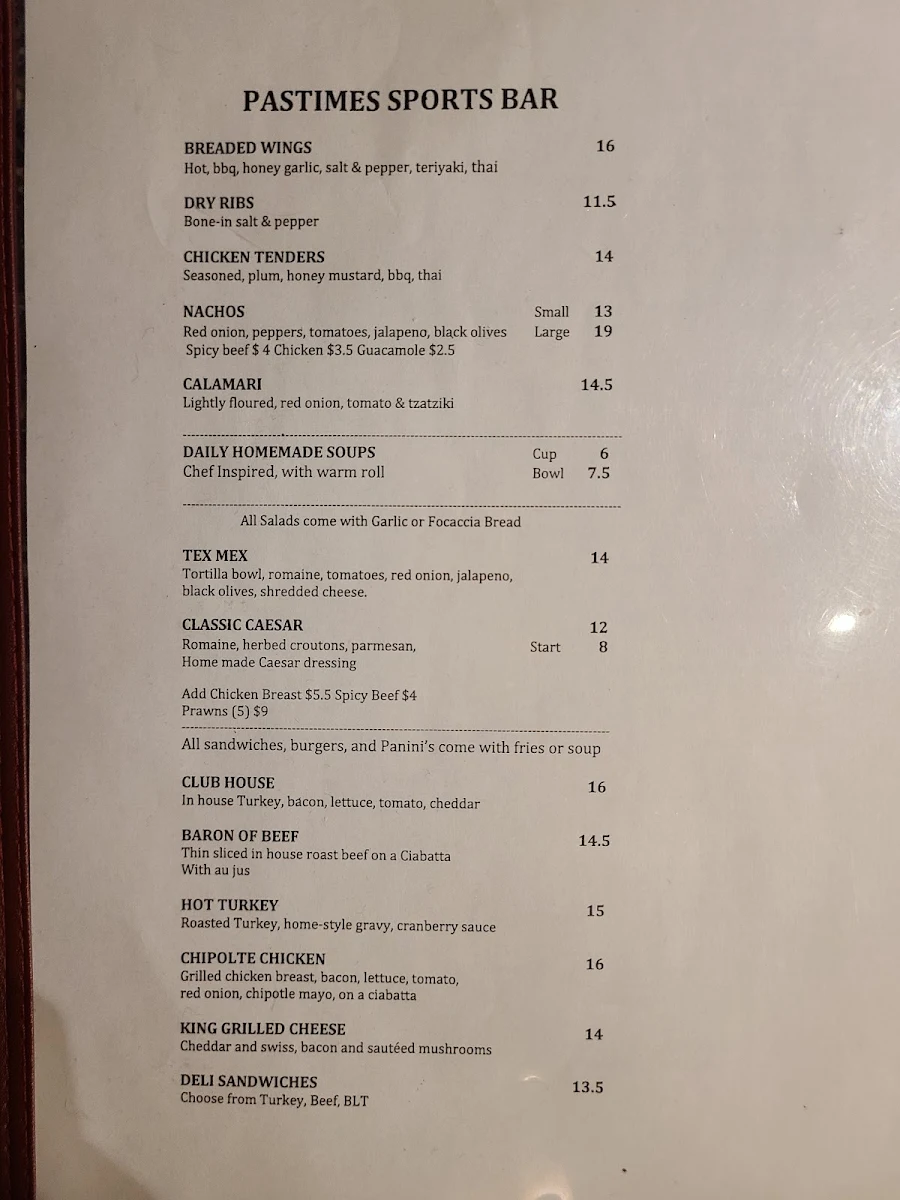 Menu, Pastimes Sports Bar and Grill