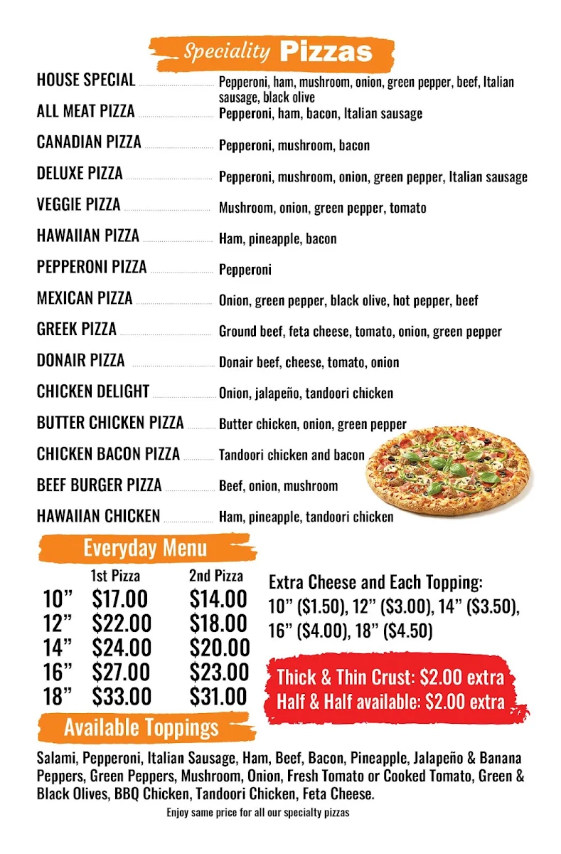 Menu, Crossfield Pizza
