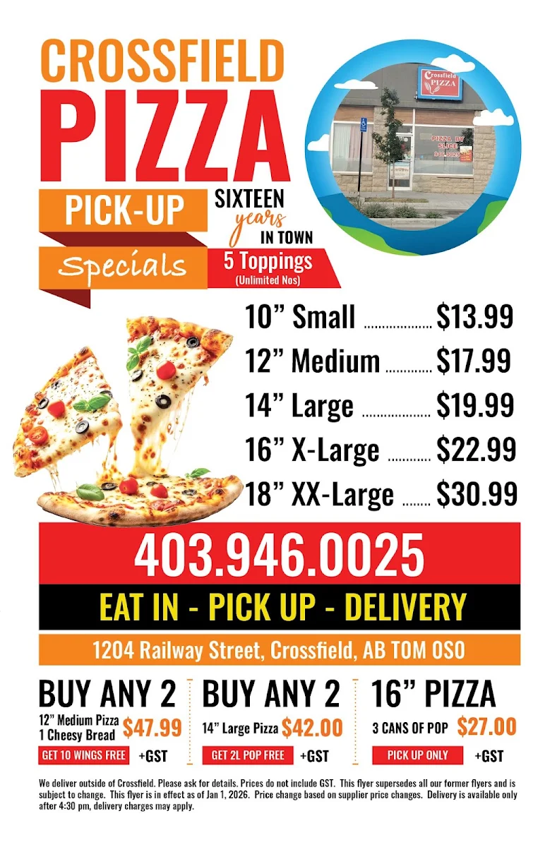 Menu, Crossfield Pizza