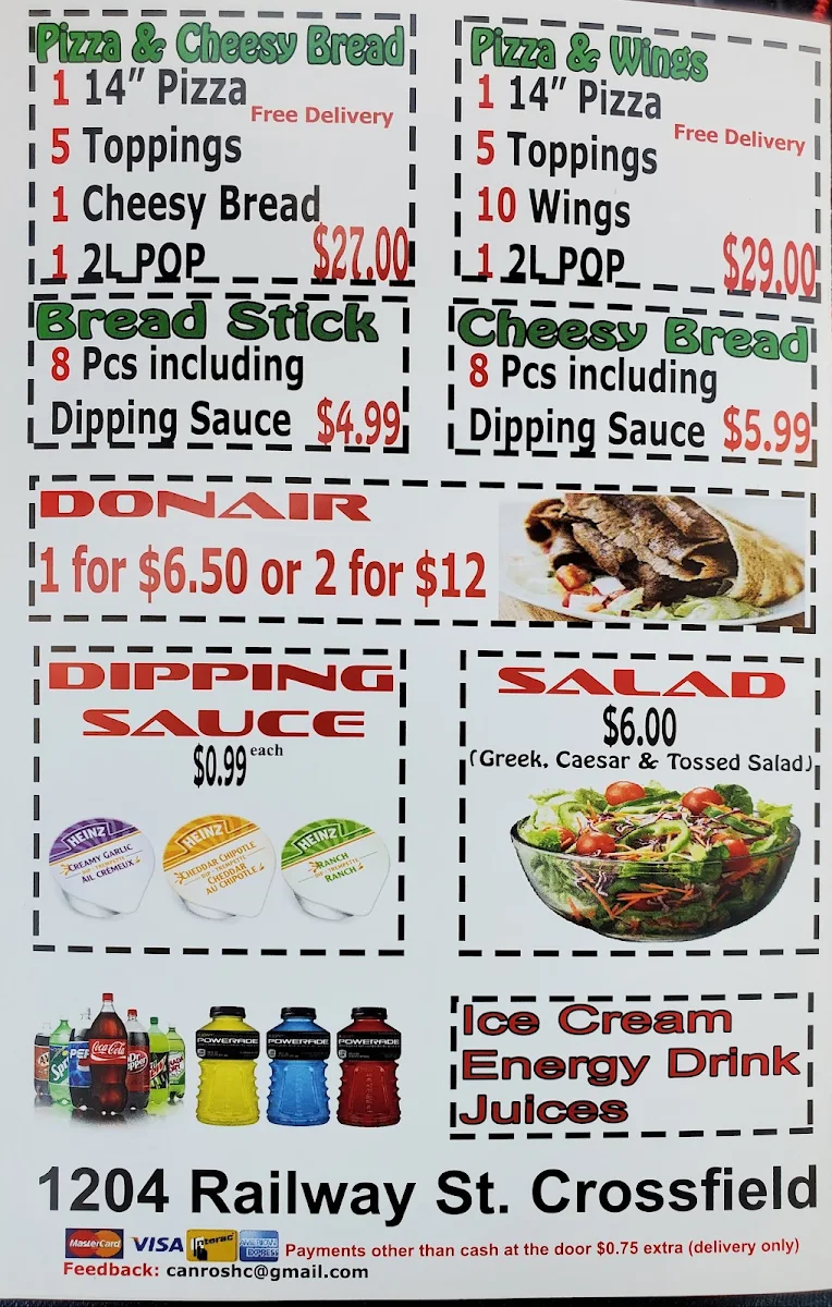 Menu, Crossfield Pizza