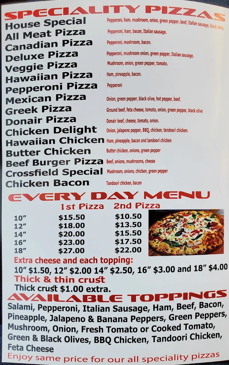 Menu, Crossfield Pizza