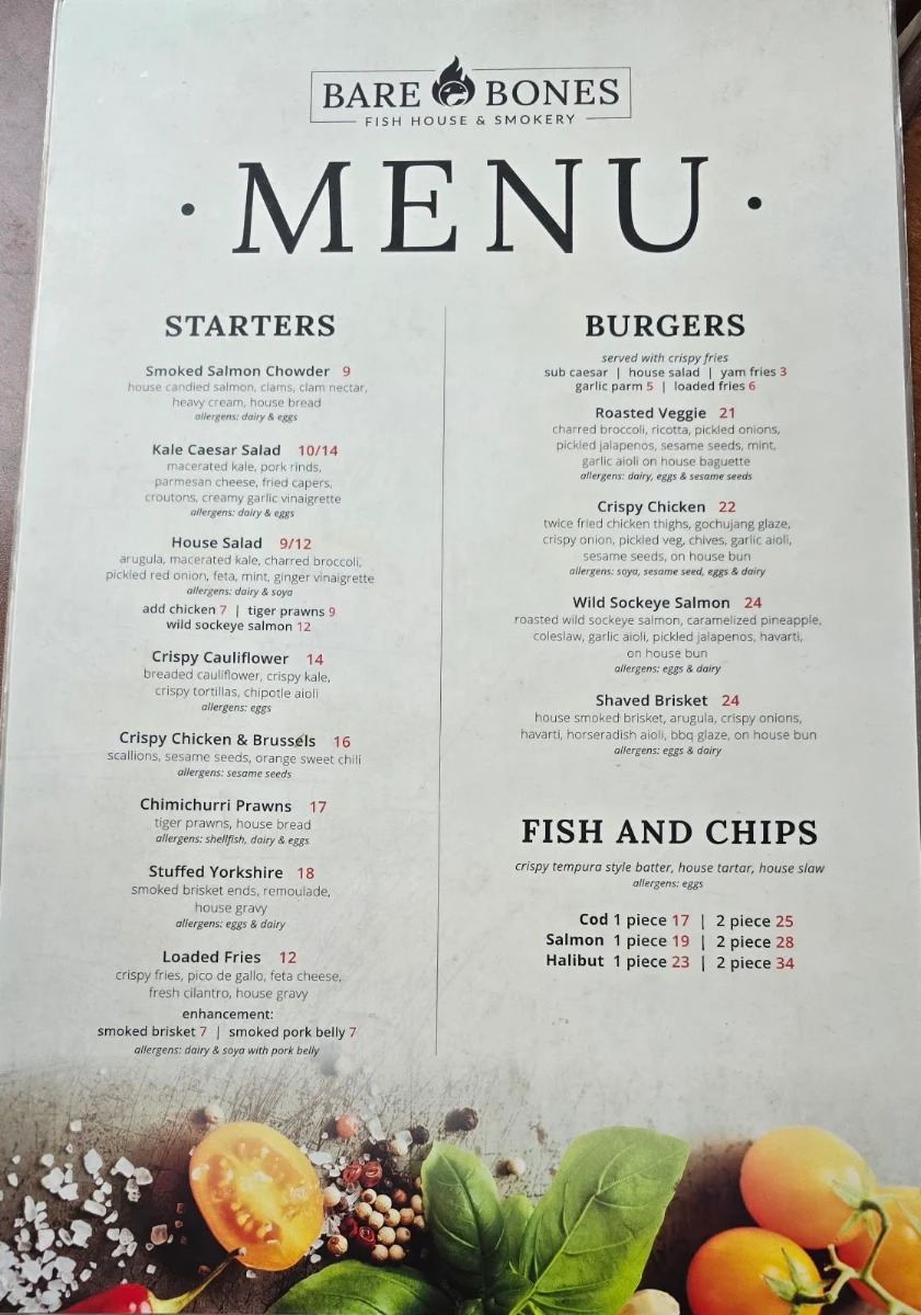 Menu, Bare Bones Fish House & Smokery