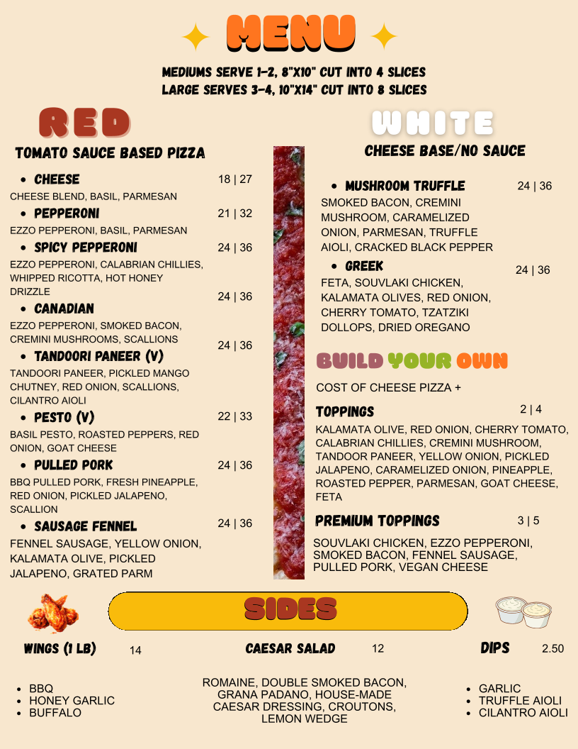 Menu, Renaissance Detroit Style Pizza