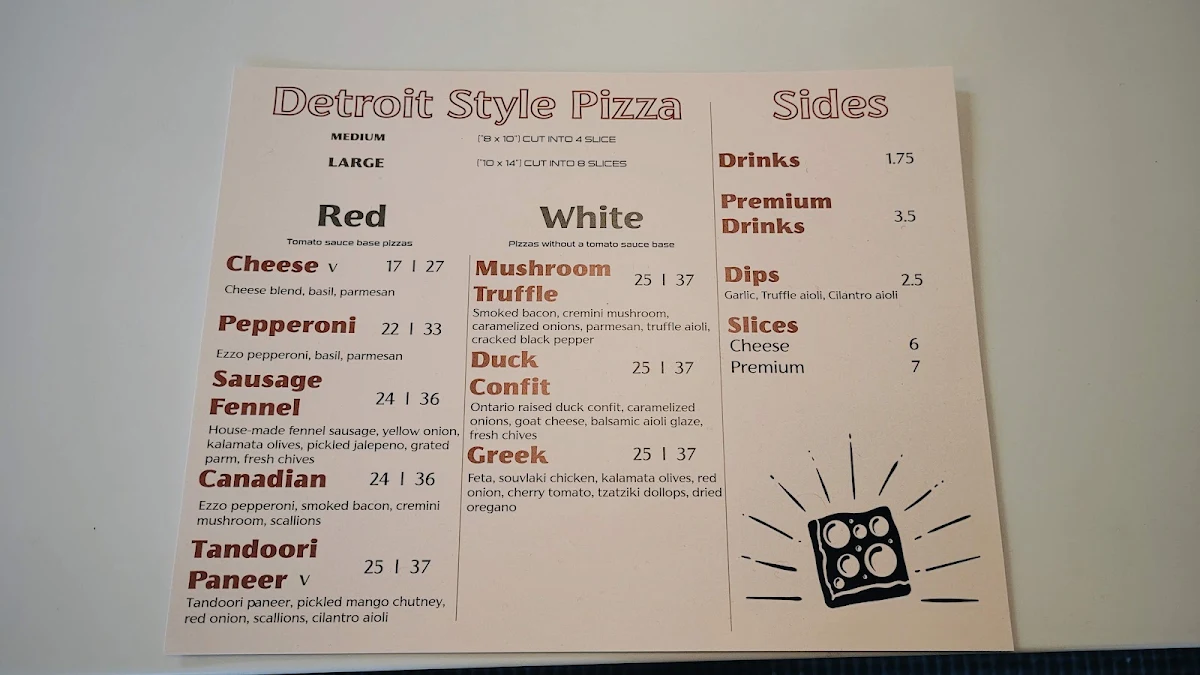 Menu, Renaissance Detroit Style Pizza