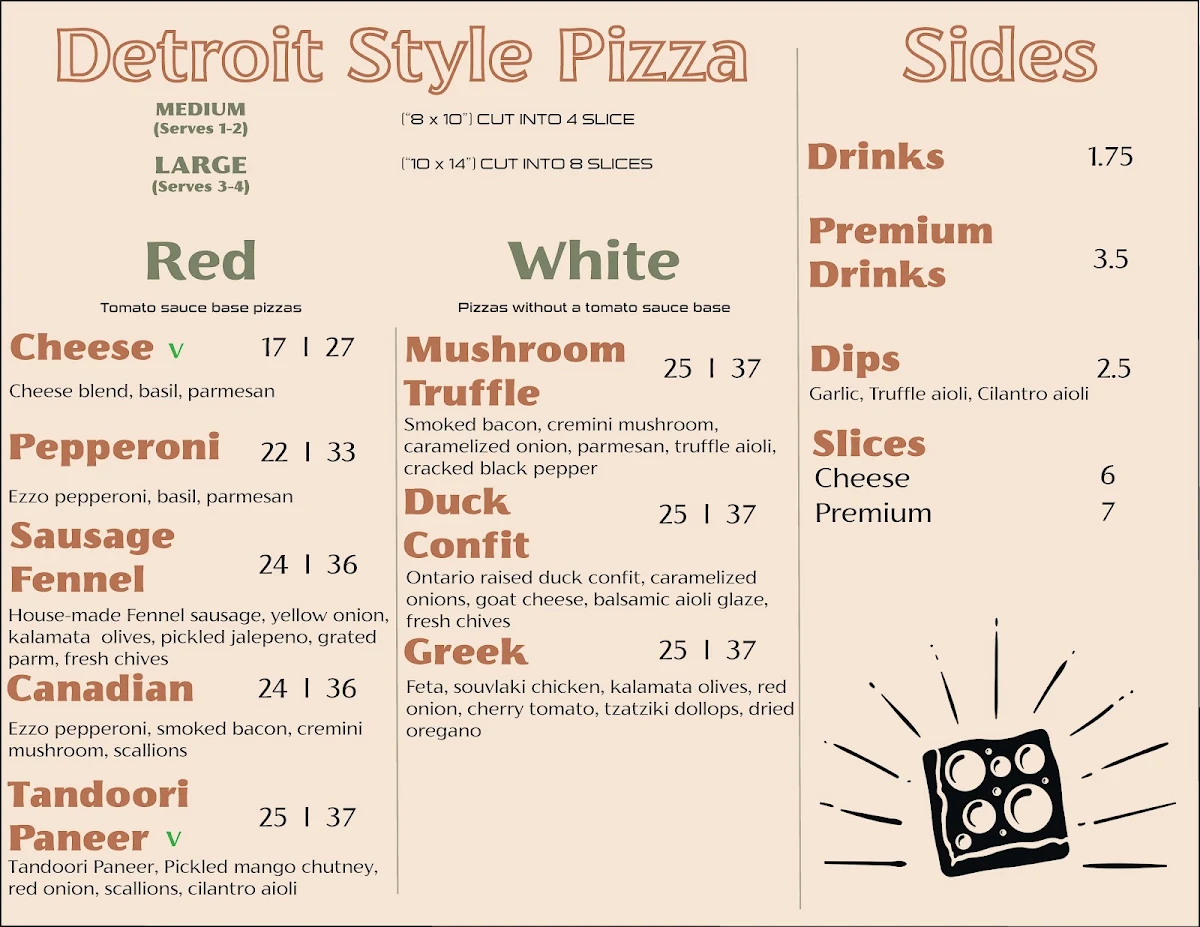 Menu, Renaissance Detroit Style Pizza