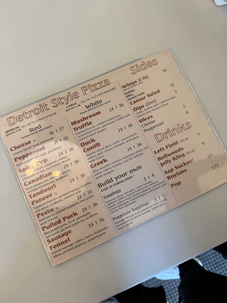 Menu, Renaissance Detroit Style Pizza