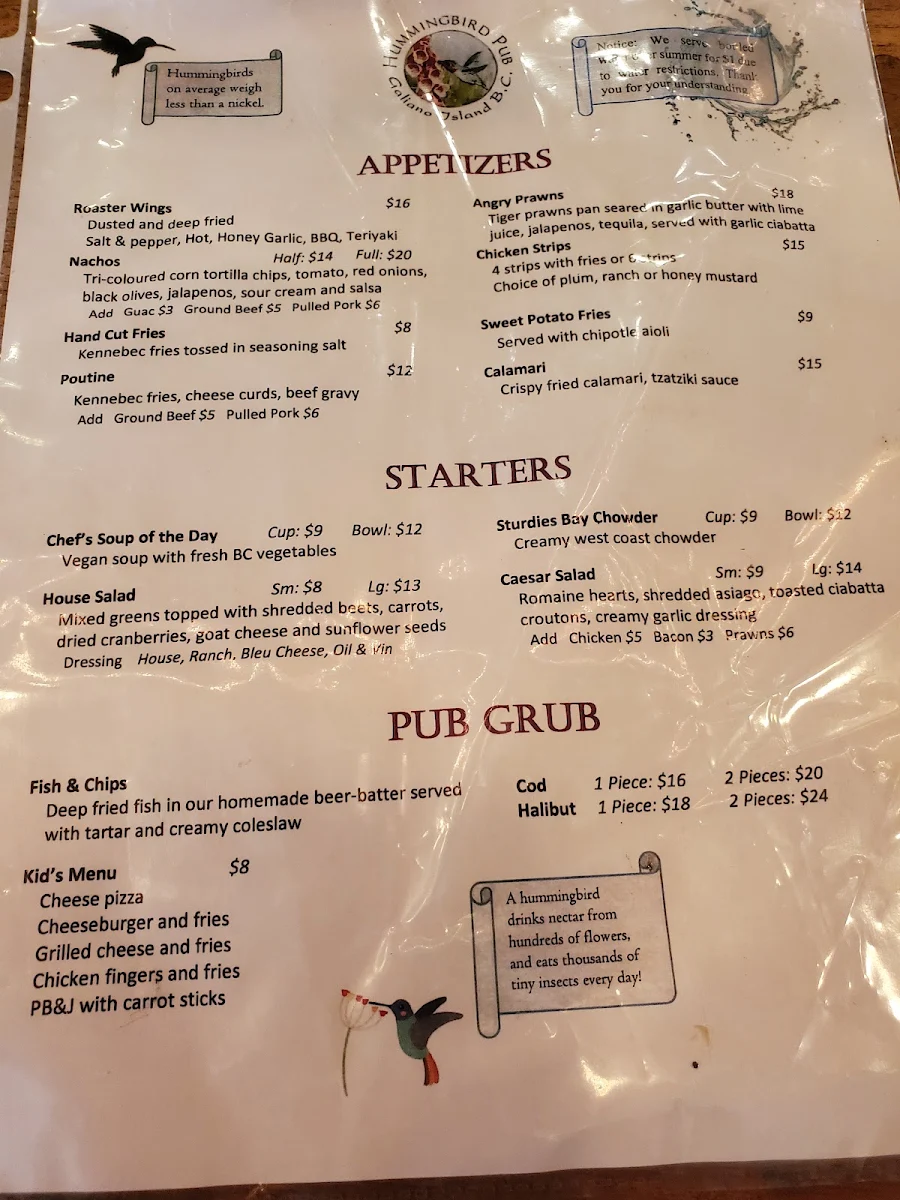 Menu, Hummingbird Pub & Family Restaurant