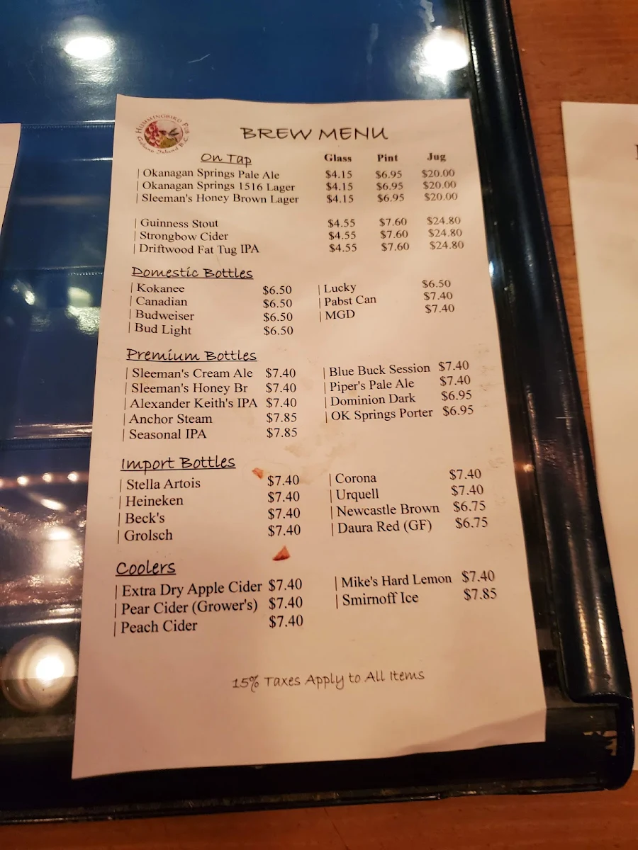 Menu, Hummingbird Pub & Family Restaurant