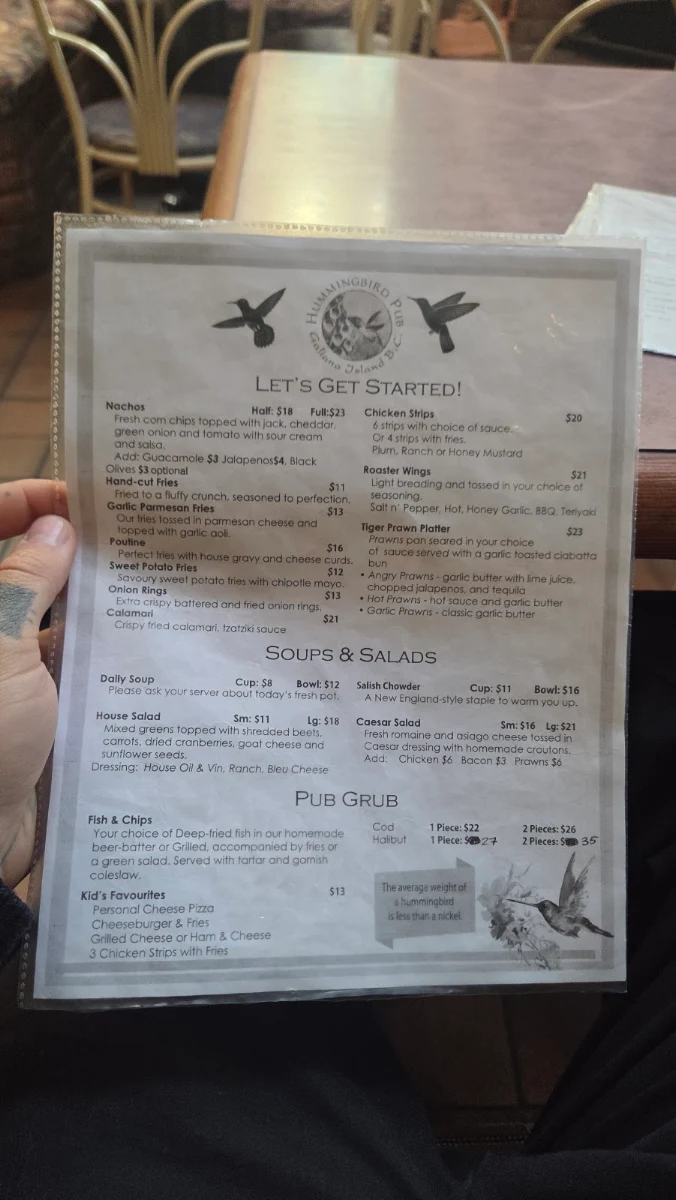 Menu, Hummingbird Pub & Family Restaurant
