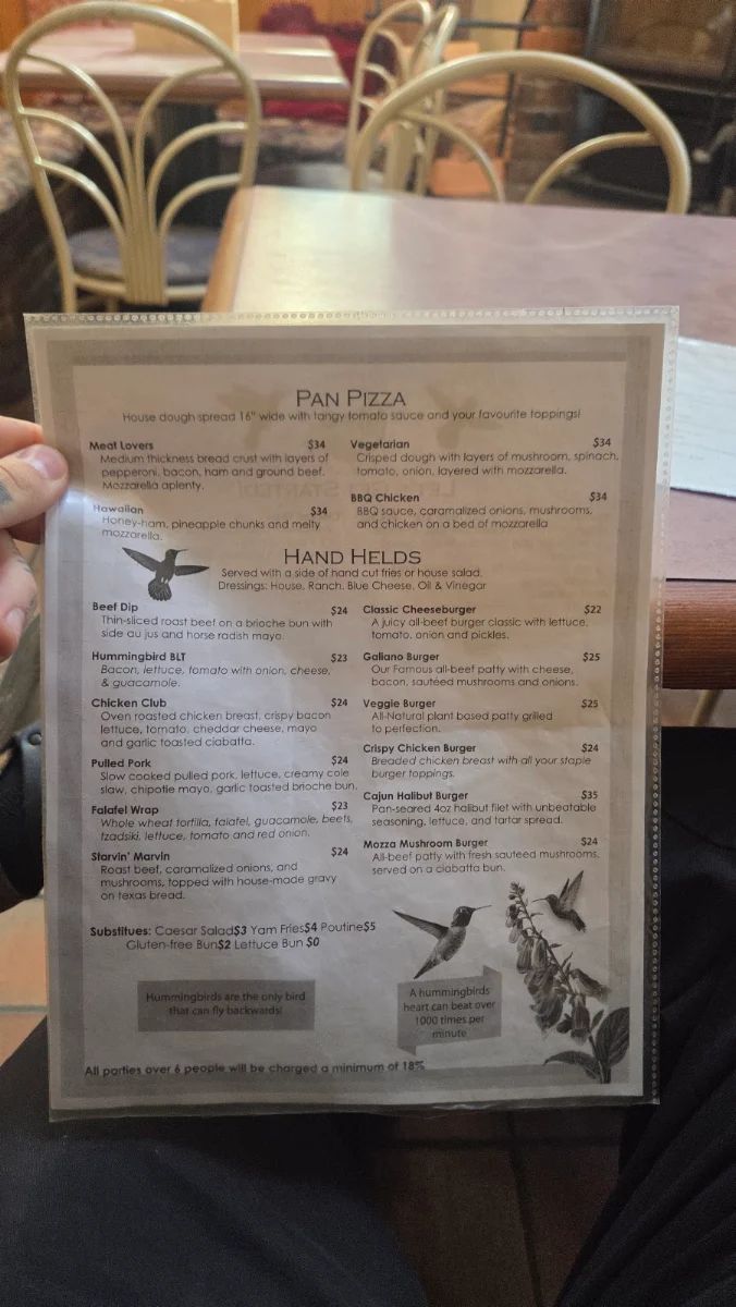 Menu, Hummingbird Pub & Family Restaurant