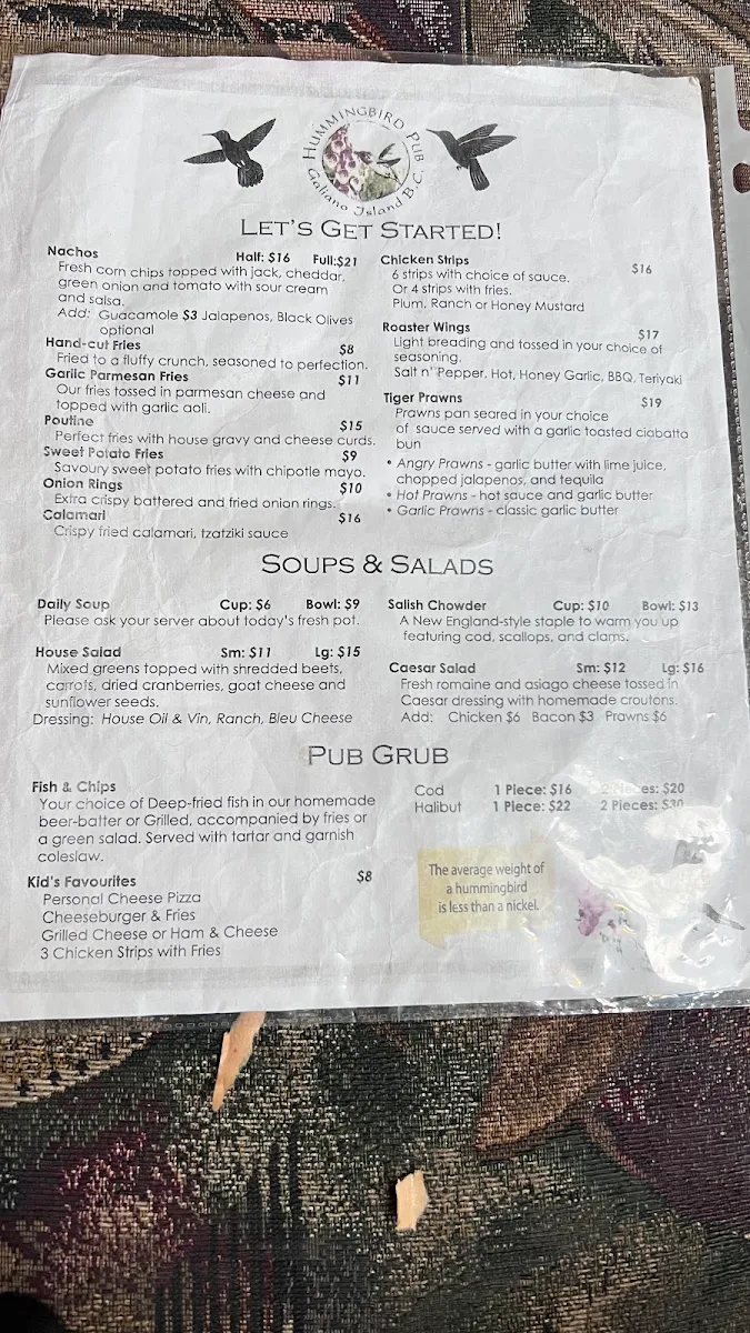 Menu, Hummingbird Pub & Family Restaurant