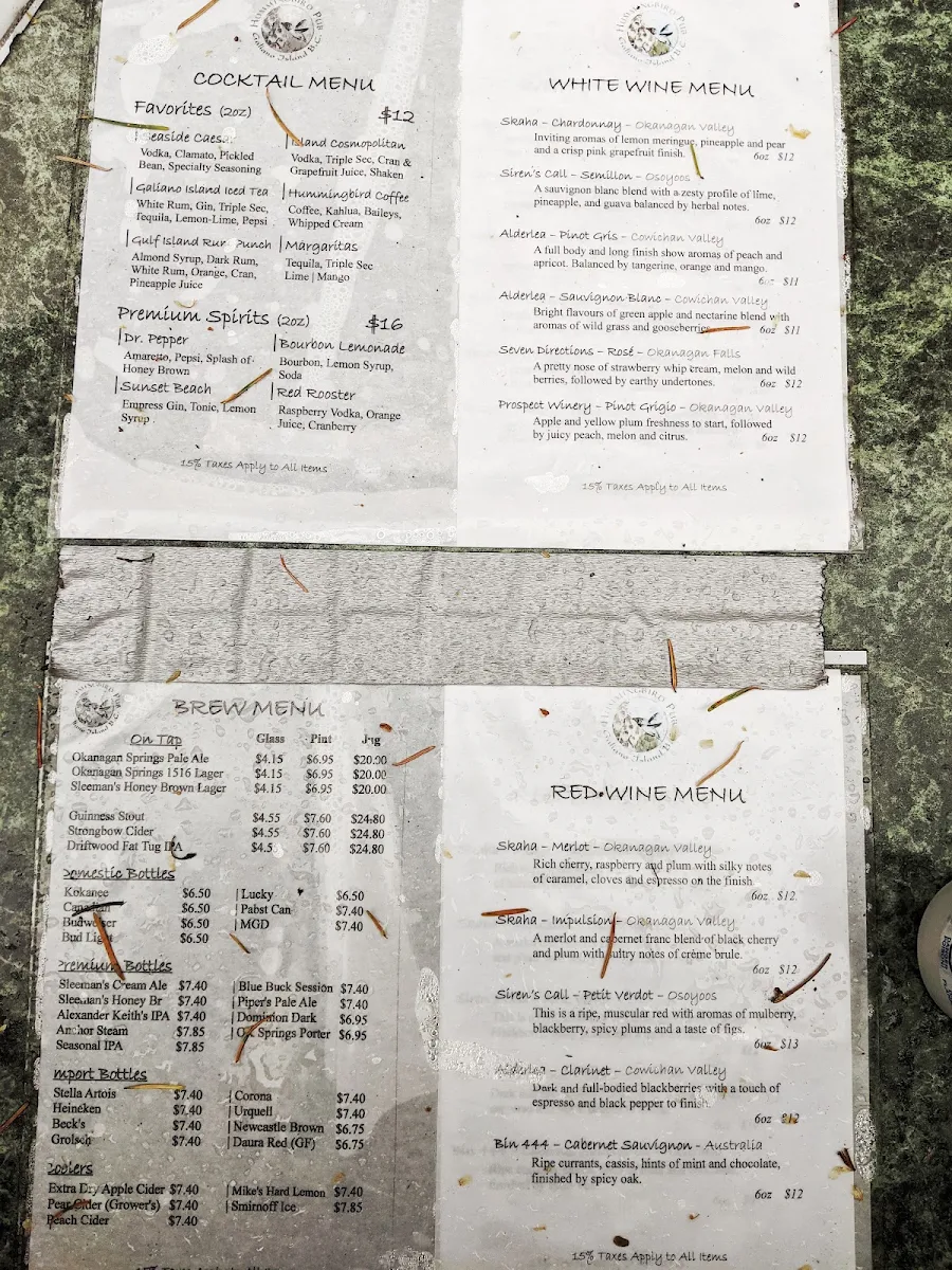 Menu, Hummingbird Pub & Family Restaurant