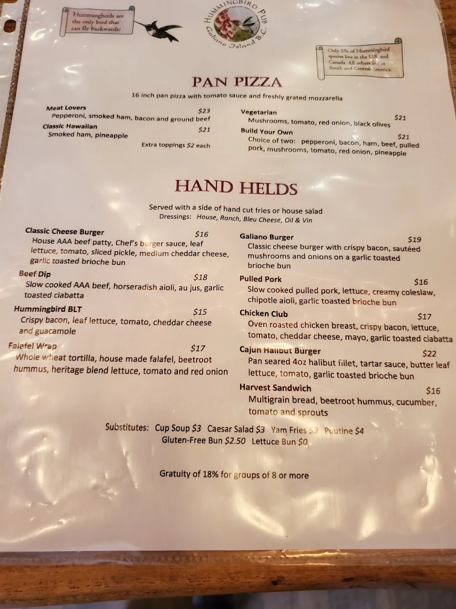 Menu, Hummingbird Pub & Family Restaurant