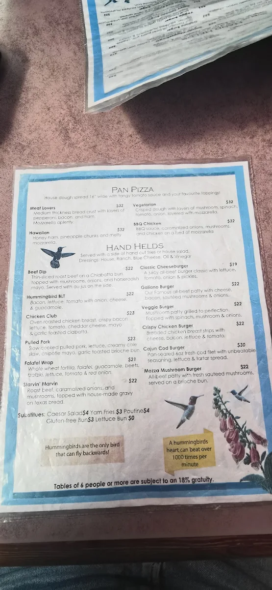 Menu, Hummingbird Pub & Family Restaurant