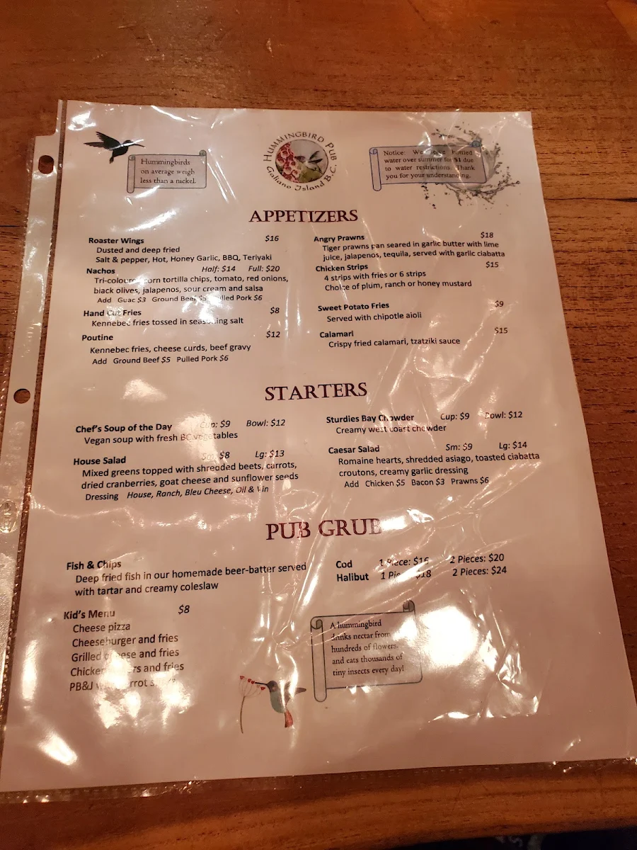 Menu, Hummingbird Pub & Family Restaurant