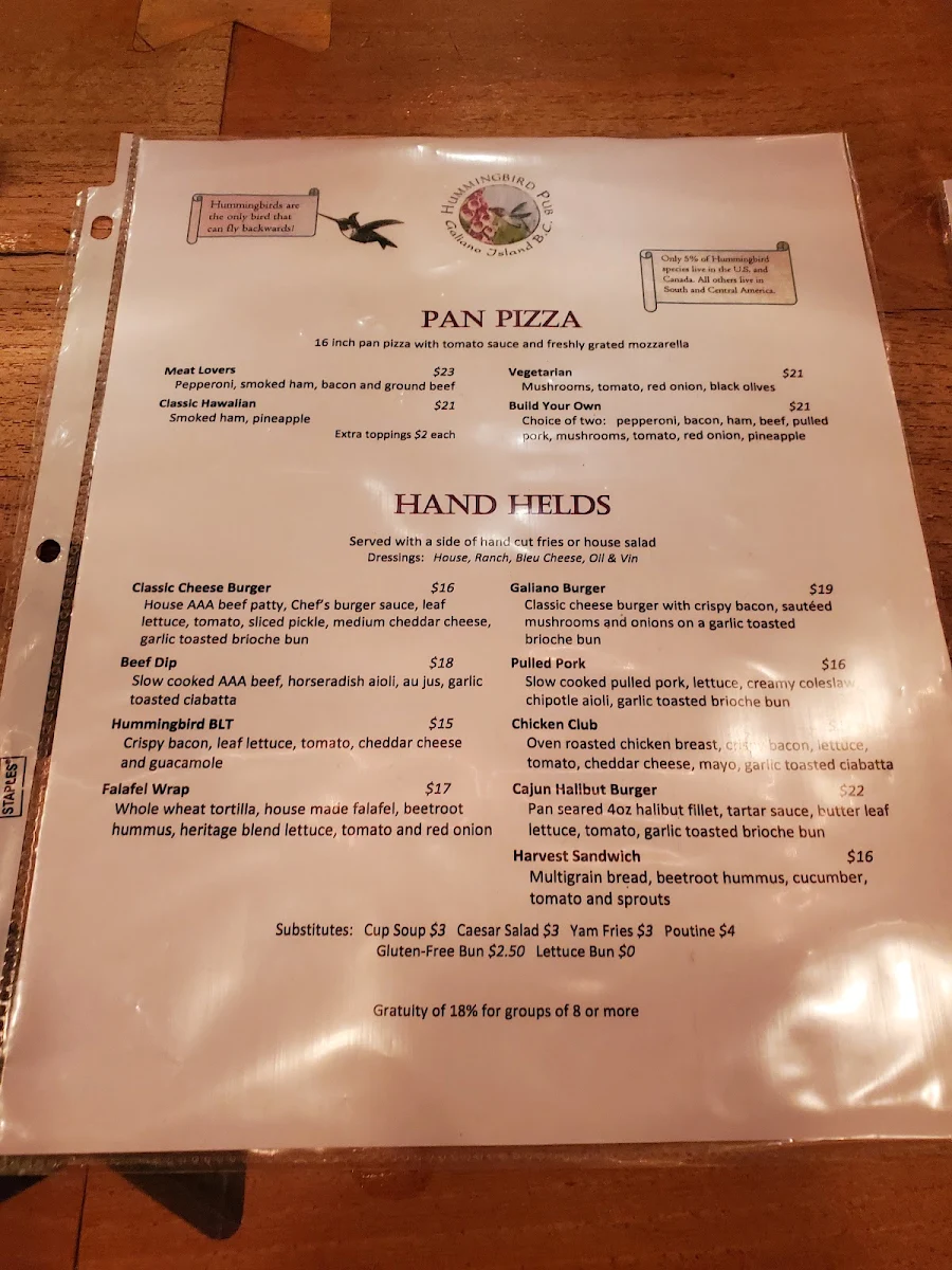 Menu, Hummingbird Pub & Family Restaurant