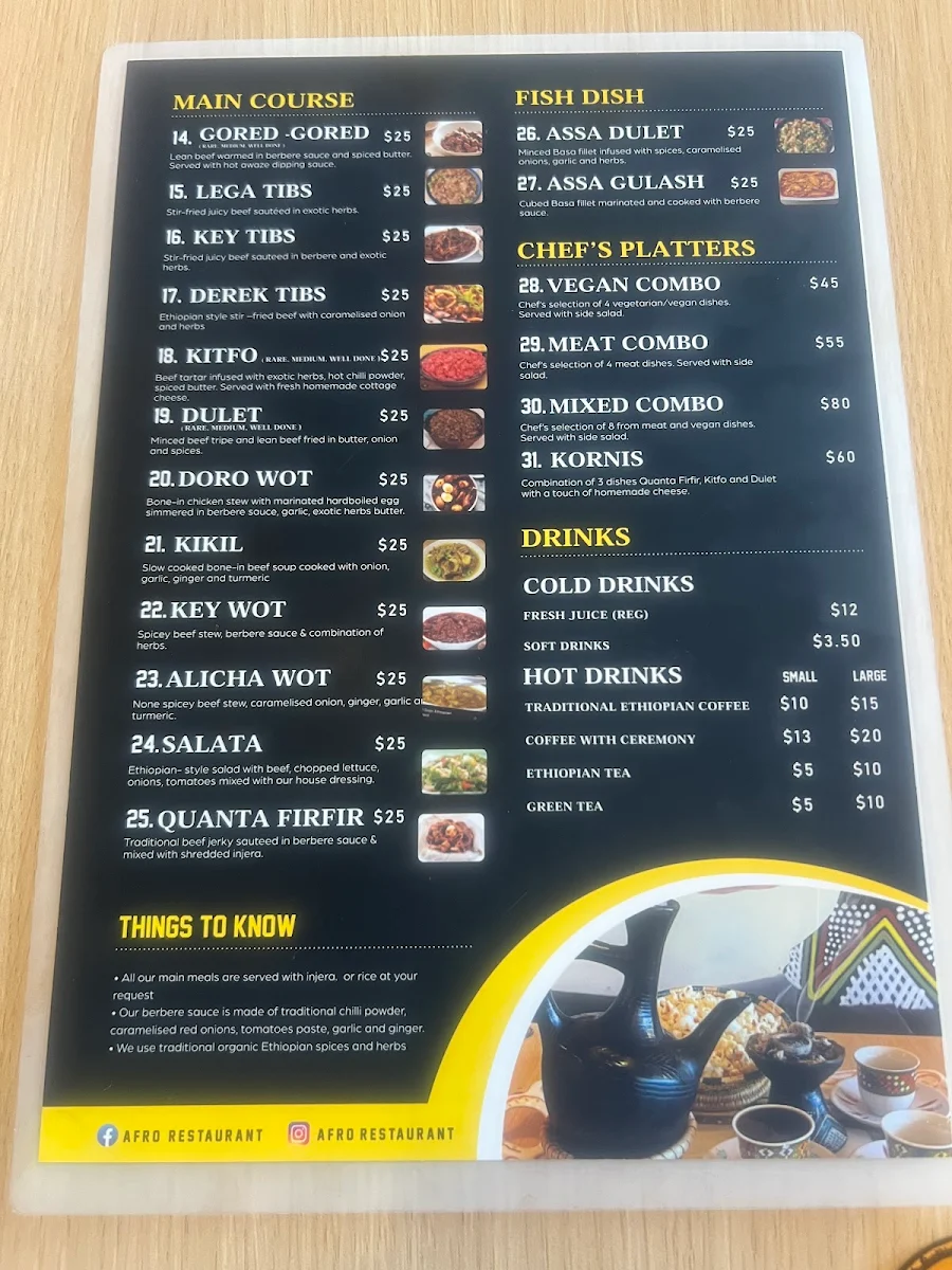 Menu, Afro Restaurant