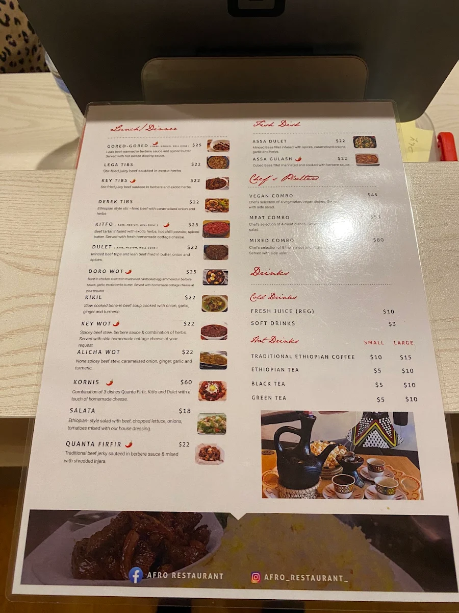 Menu, Afro Restaurant