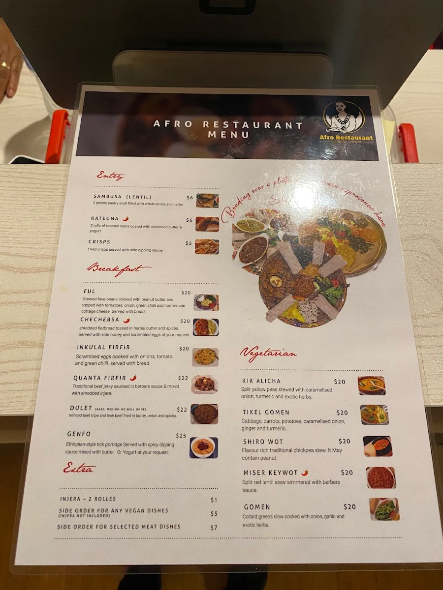 Menu, Afro Restaurant