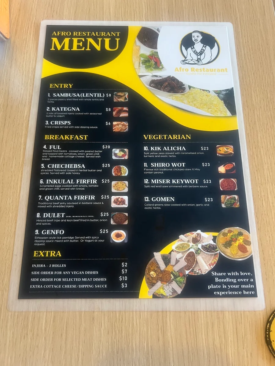 Menu, Afro Restaurant