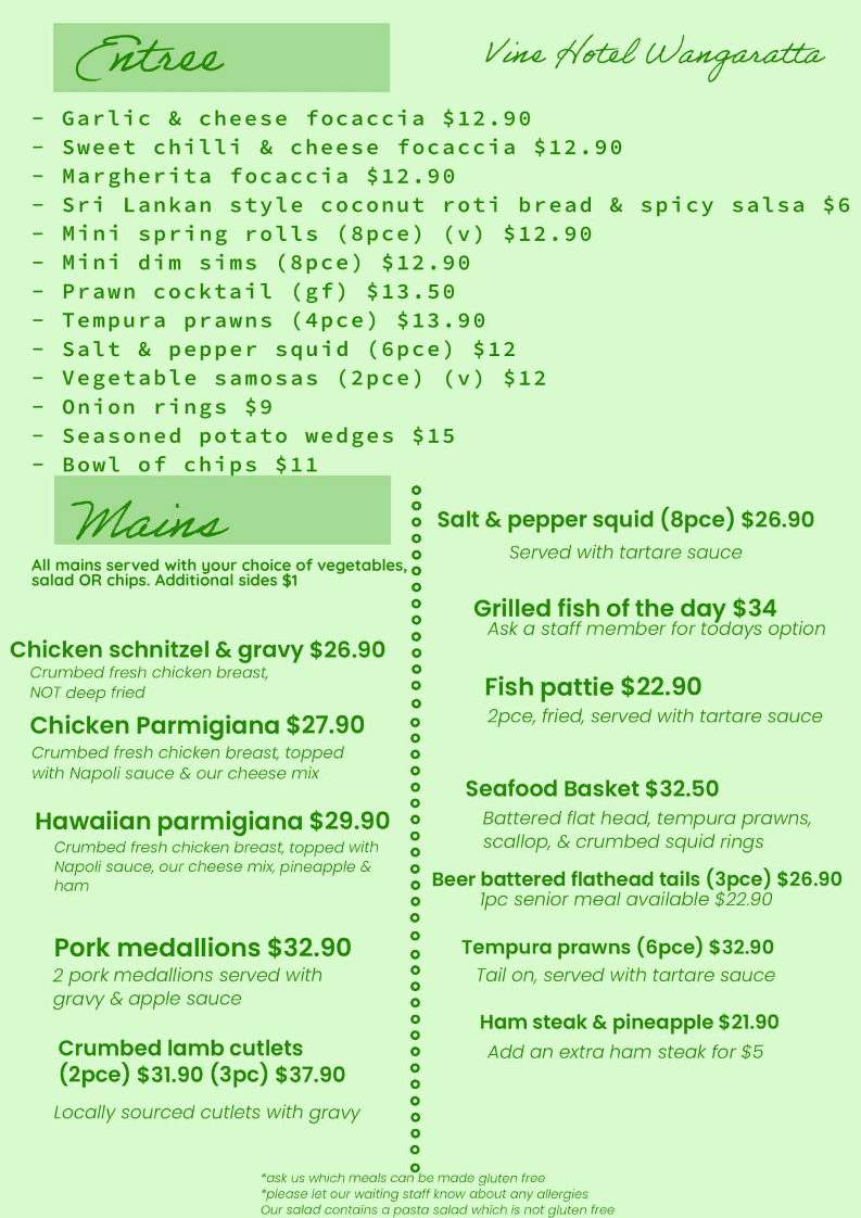 Menu, The Vine Hotel