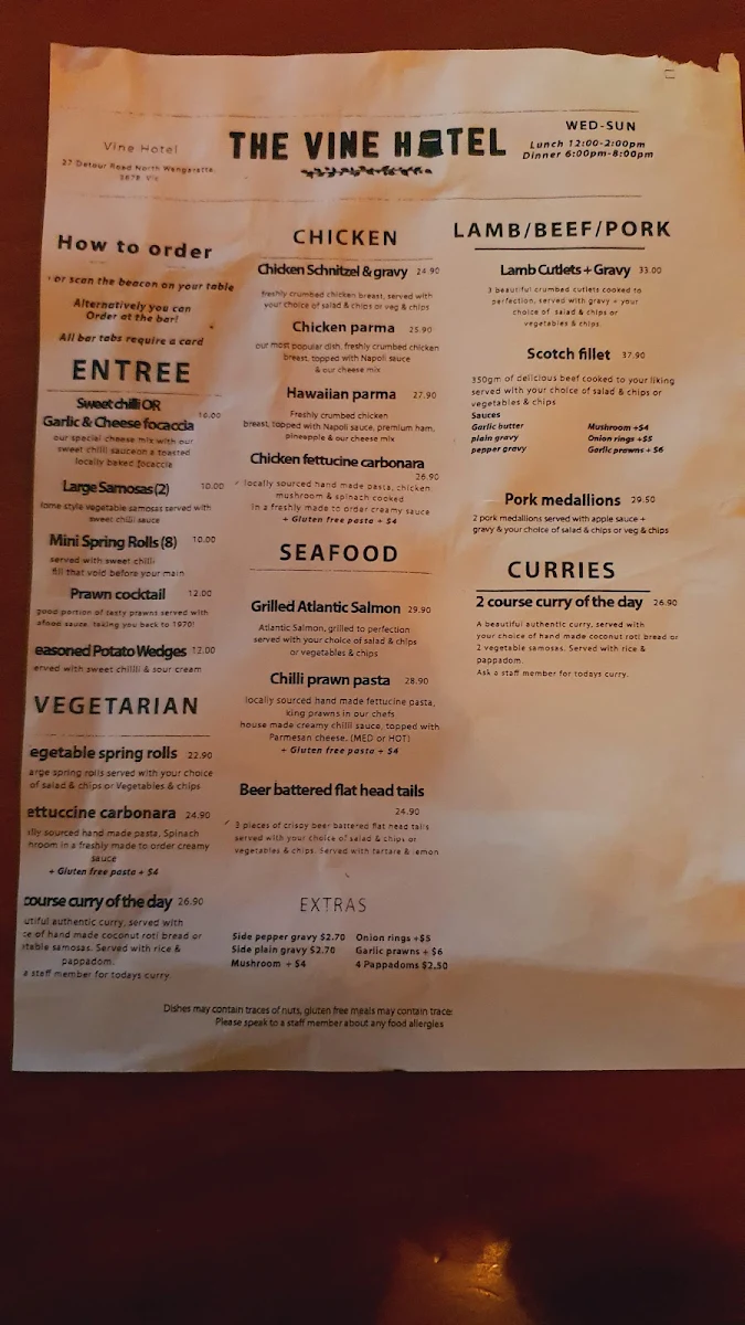 Menu, The Vine Hotel