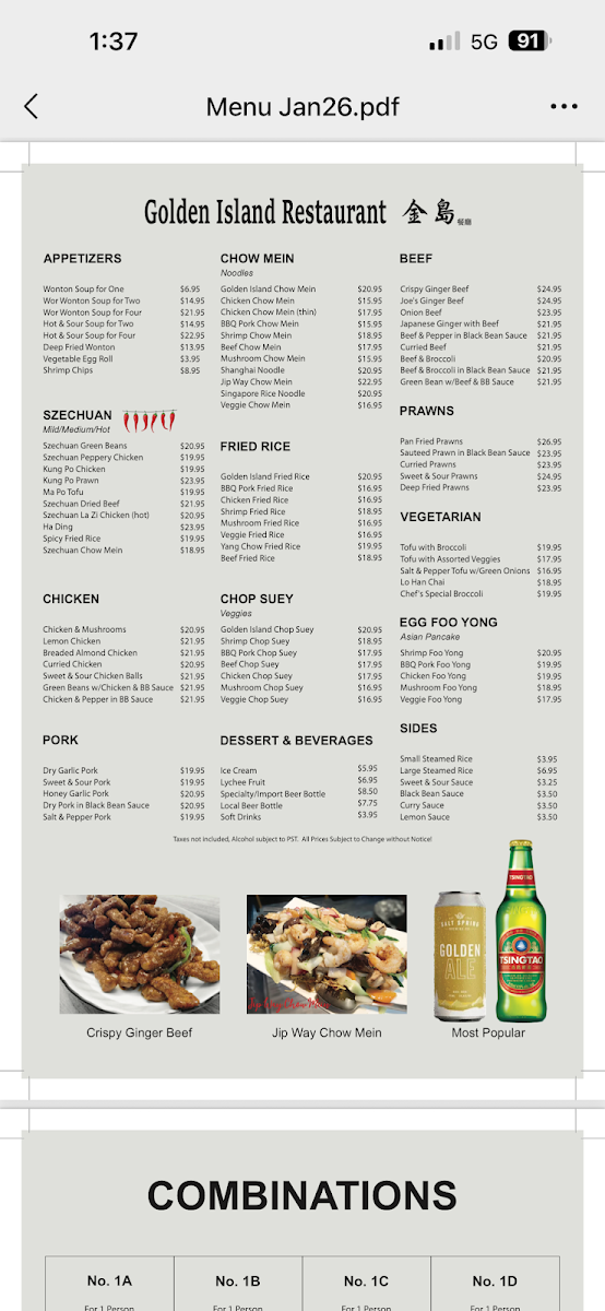 Menu, Golden Island Restaurant