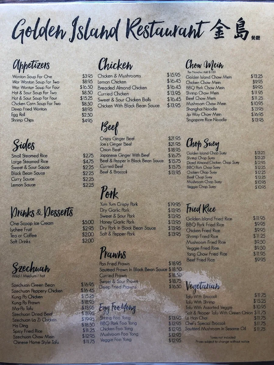 Menu, Golden Island Restaurant