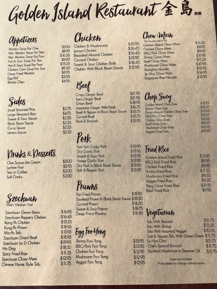 Menu, Golden Island Restaurant