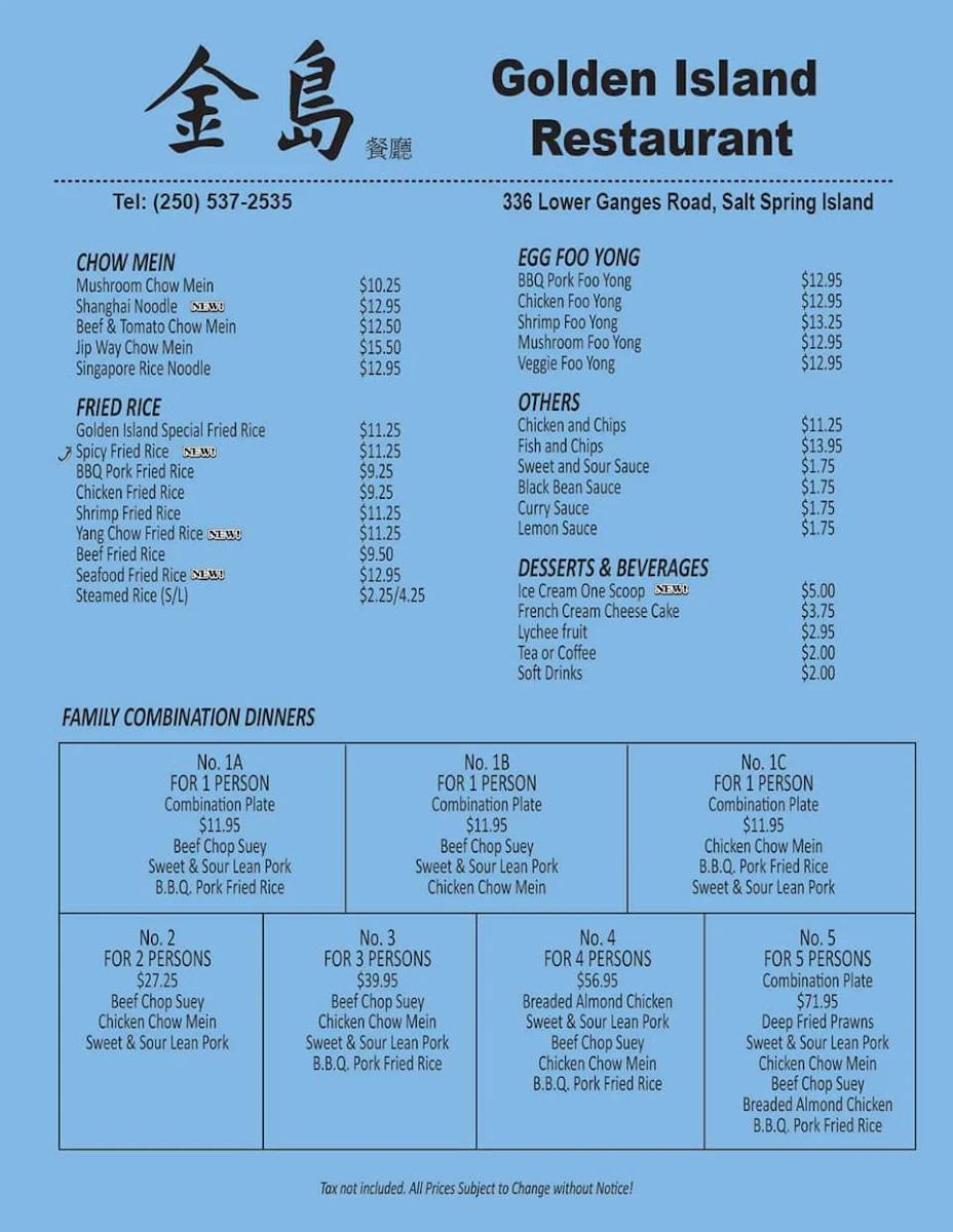 Menu, Golden Island Restaurant