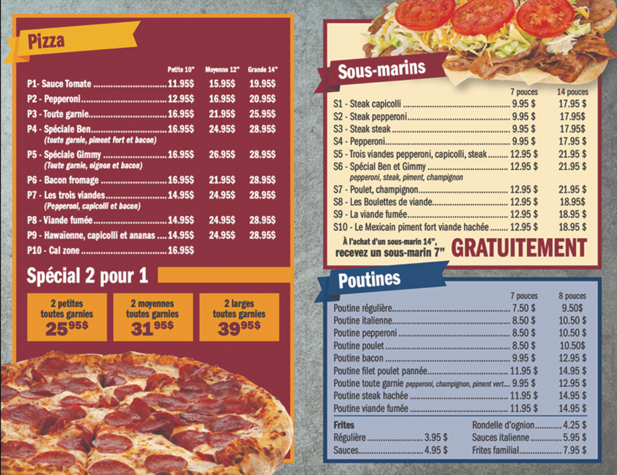 Menu, Chez Gimmy