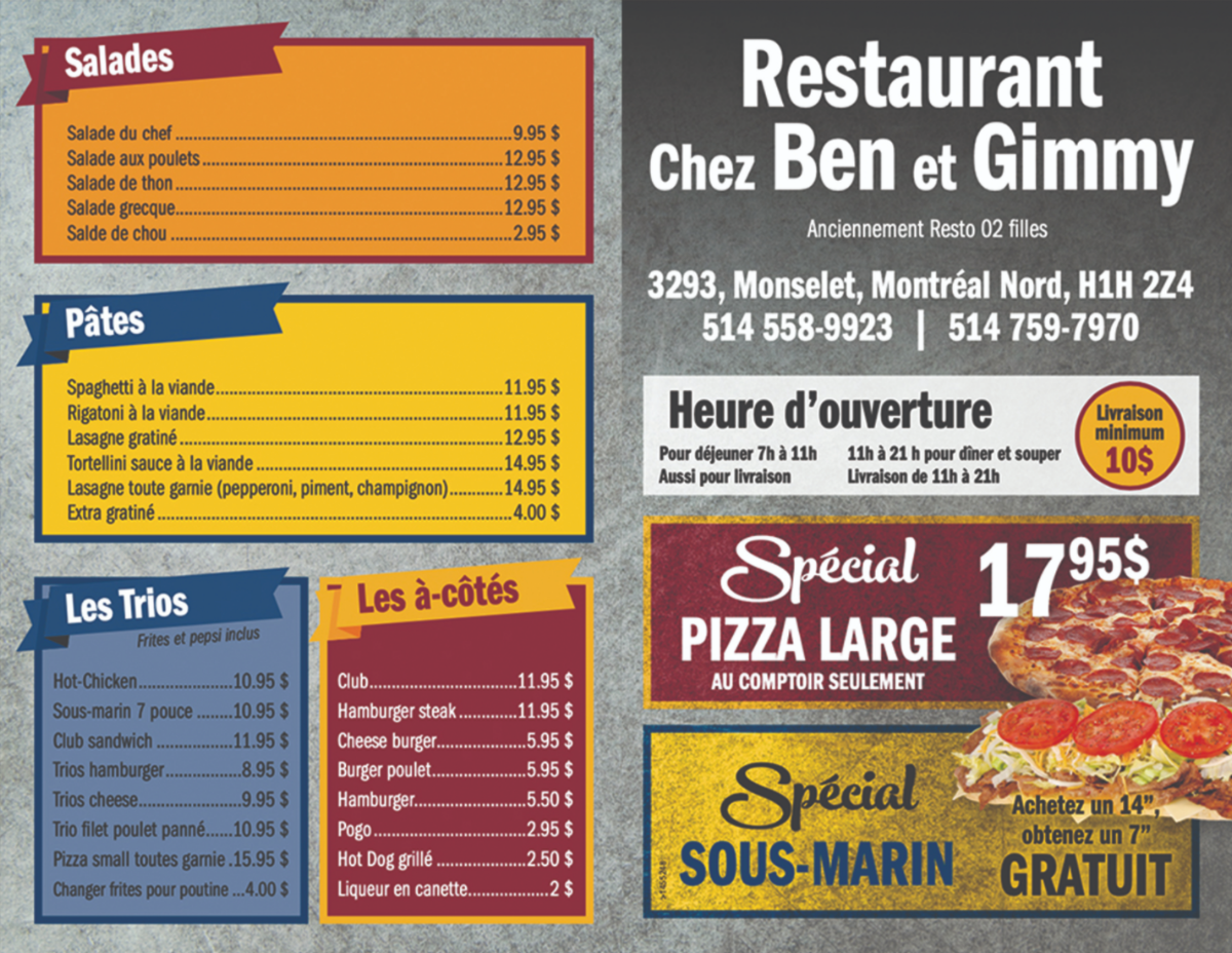 Menu, Chez Gimmy