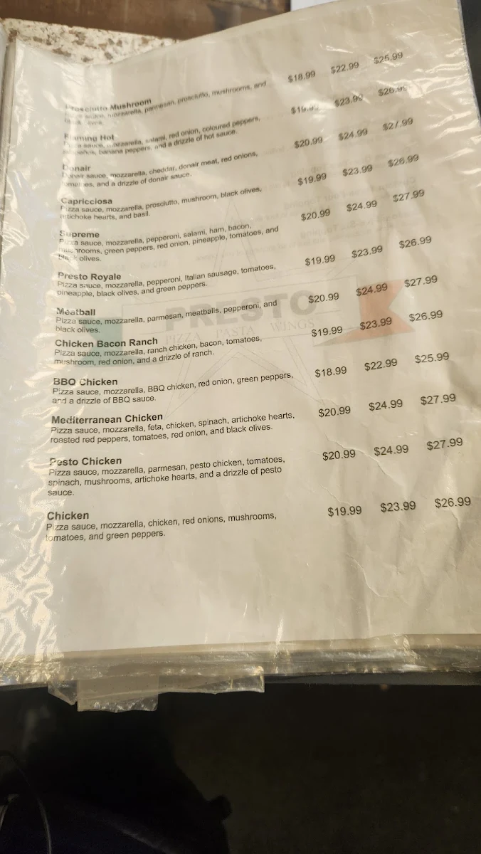 Menu, Presto Pizza