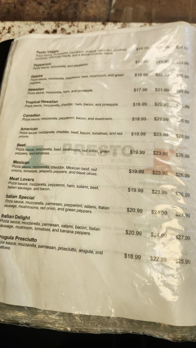 Menu, Presto Pizza