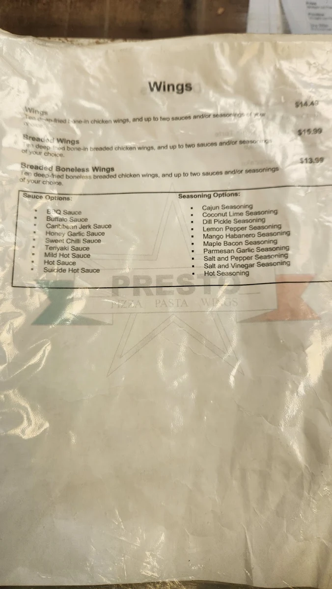 Menu, Presto Pizza