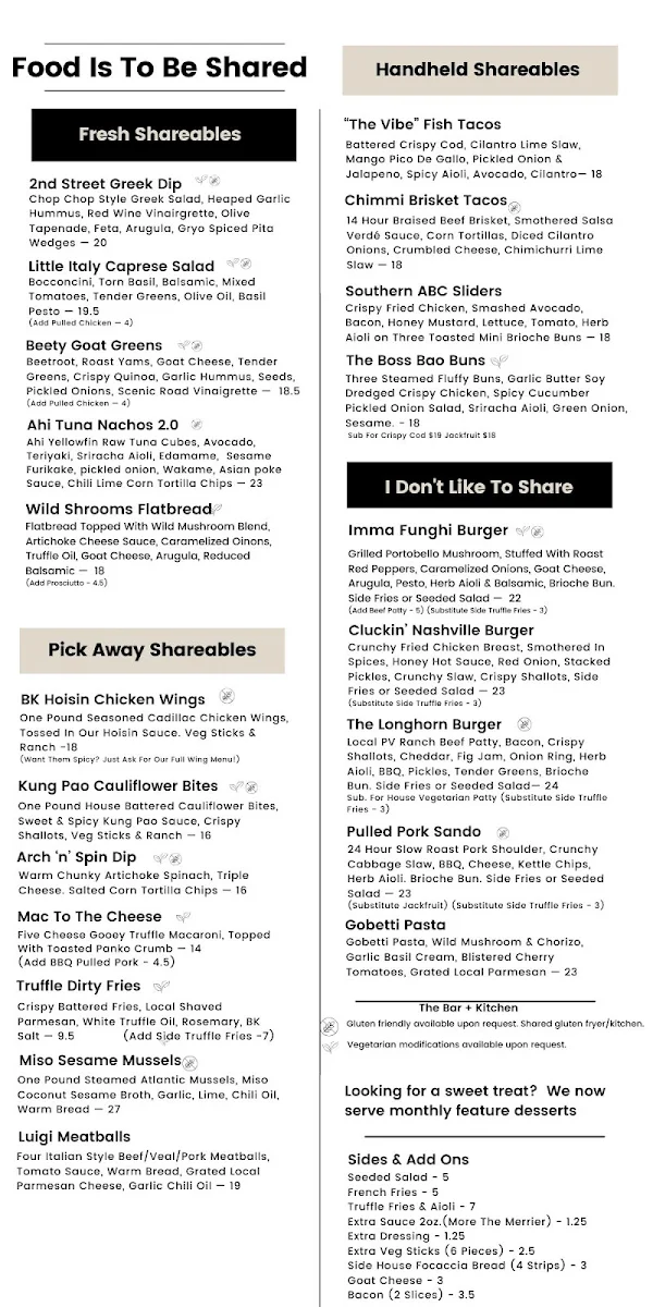 Menu, The Bar + Kitchen