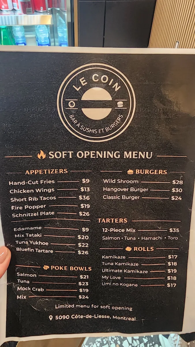 Menu, Le Coin Sushi & Burger Bar