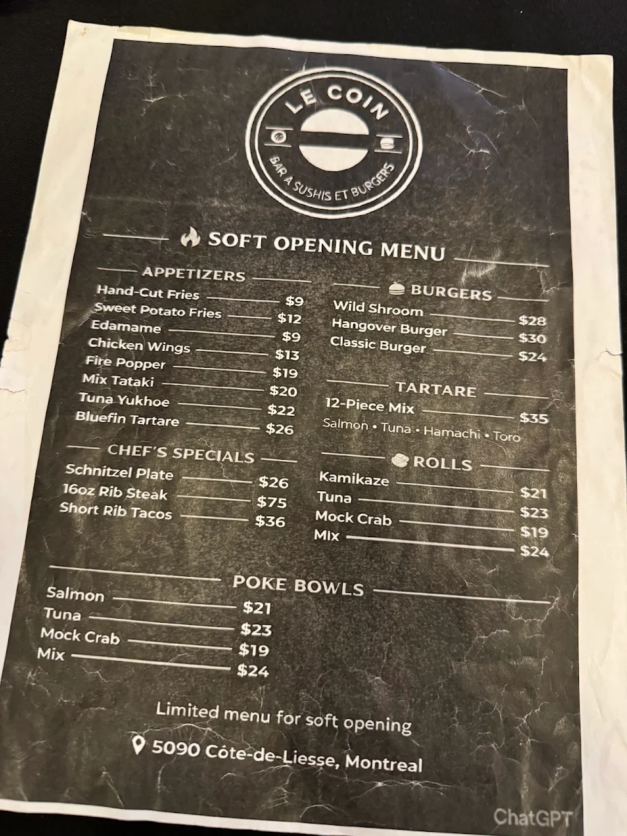 Menu, Le Coin Sushi & Burger Bar