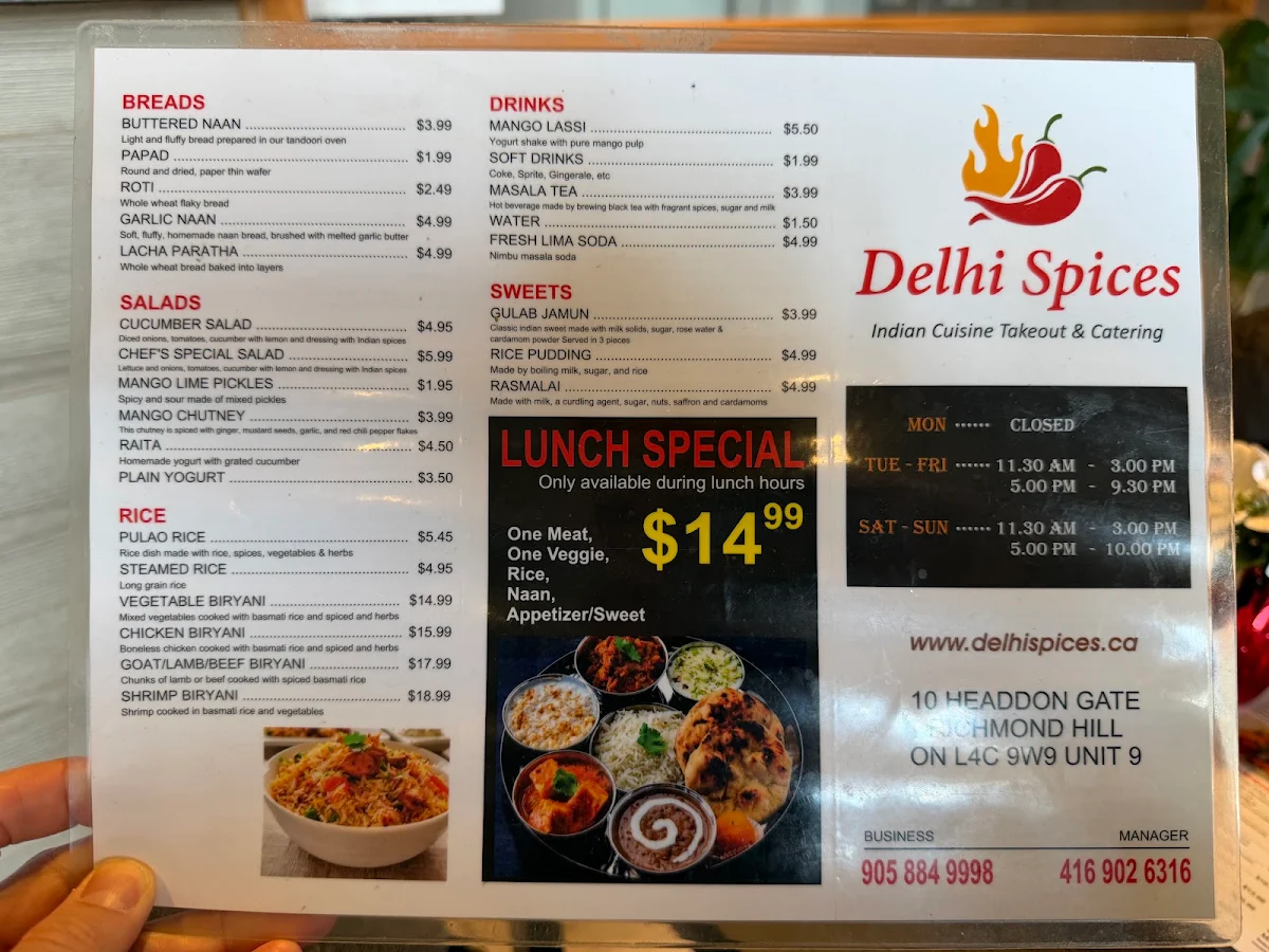 Menu, Delhi Spices