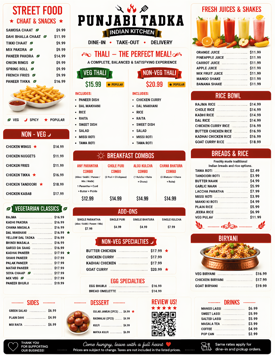 Menu, Punjabi Tadka Indian Kitchen (Restaurant)