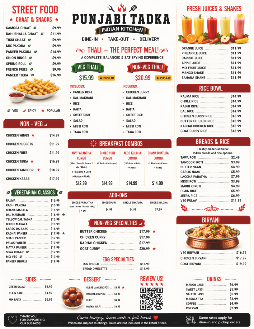 Menu, Punjabi Tadka Indian Kitchen (Restaurant)