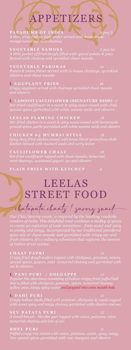Menu, Leela Indian Food Bar (Gerrard)