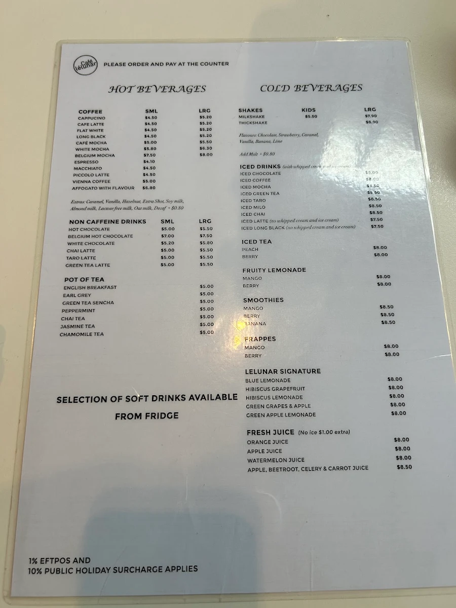 Menu, Cafe LeLunar
