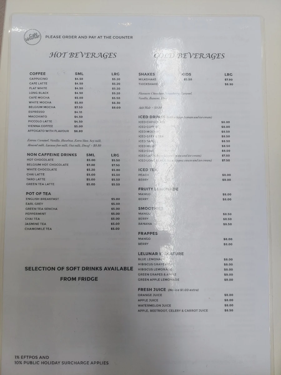 Menu, Cafe LeLunar